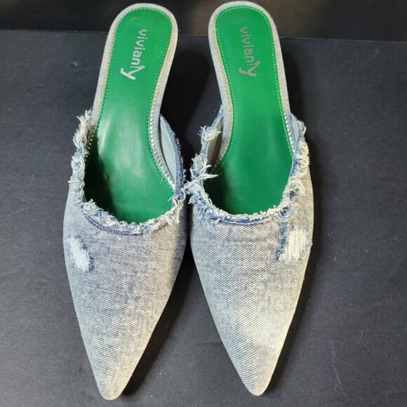 Vivianly Denim Heeled Pointed Toe Mules SZ 10 - Picture 2 of 8